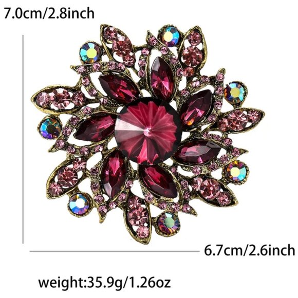 Purple Floral Pinwheel Rivoli Rhinestone Brooch - Picture 2 of 2